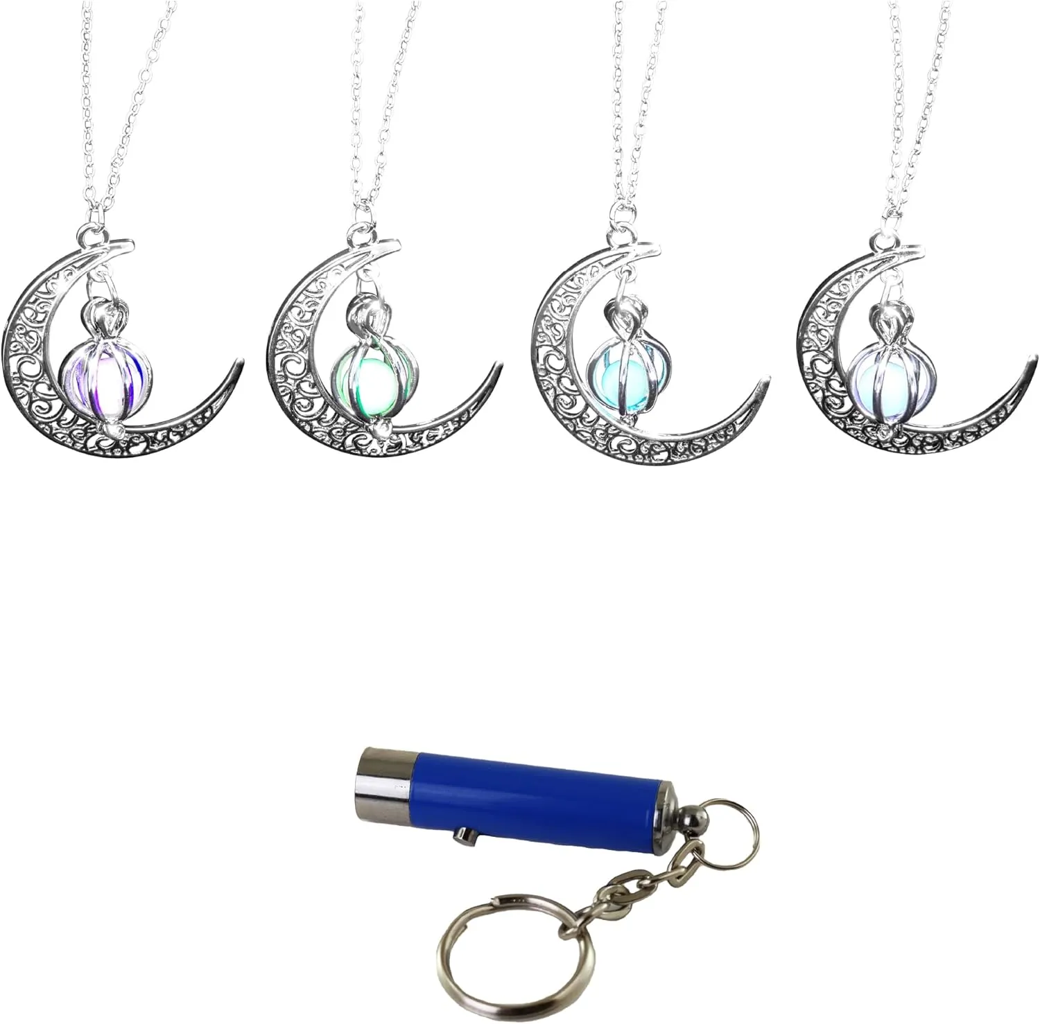 AlterImage Crescent Sailor Half Moon Glow in The Dark Necklaces 4 Pack Luminous Jewelry Green Purple Blue & Sky Blue Includes UV Light