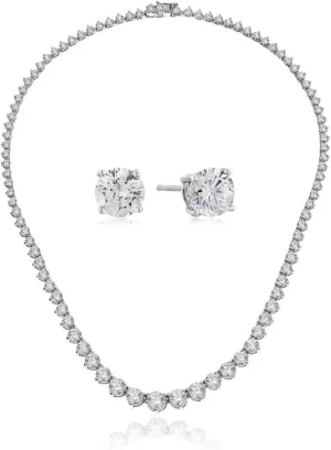 Amazon Collection Platinum-Plated Sterling Silver Swarovski Zirconia Riviera Tennis Necklace and 2 cttw Stud Earrings Set