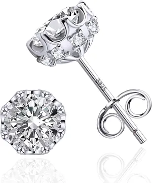 AMORAMOR & FOREVER 18K White Gold Plated Brilliant Cut Cubic Zirconia Stud Earrings For Women Men 8 Prong 8 Zirconia Sterling Silver Post Hypoallergenic CZ Stud Earrings