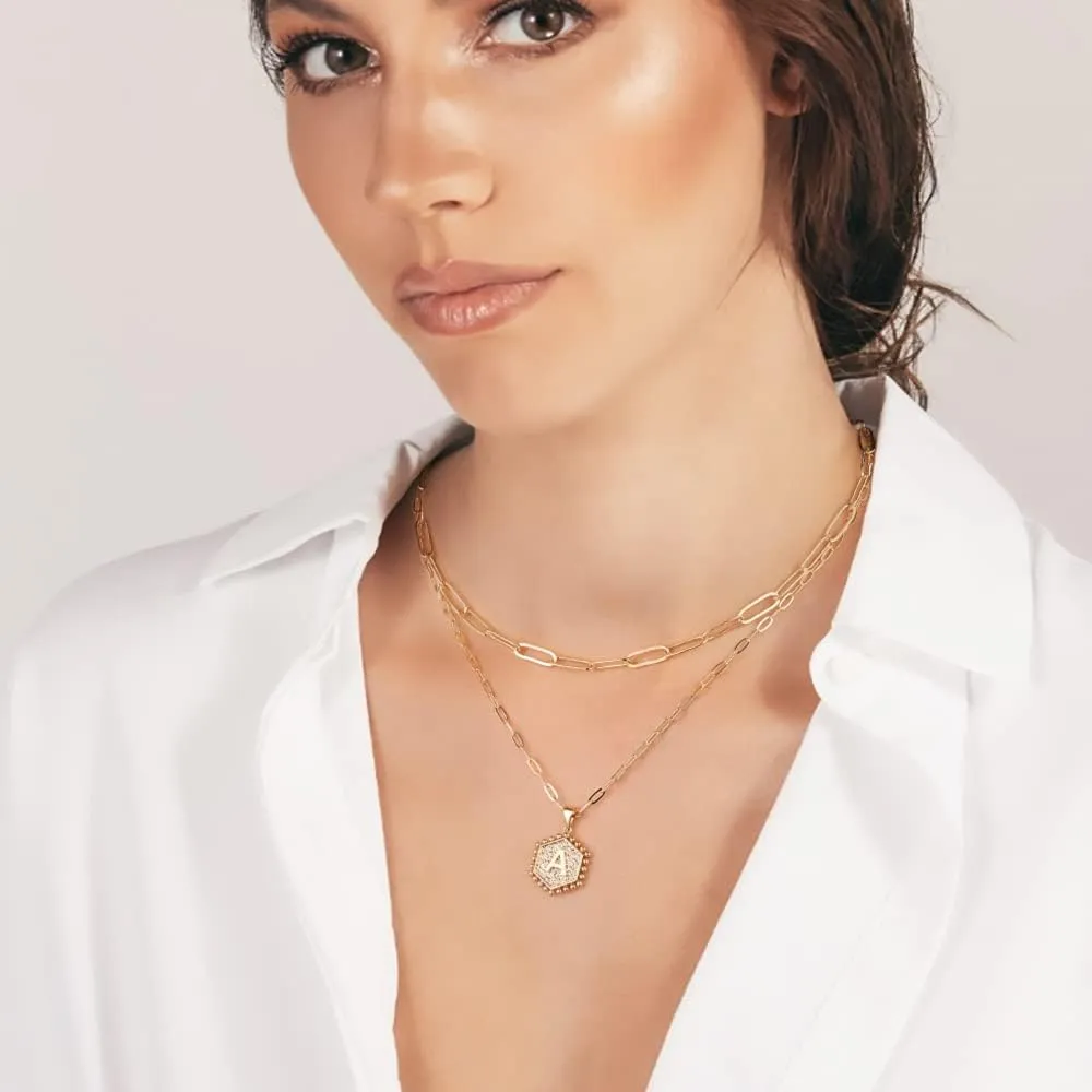 Anoup Layered Initial Necklaces for Women, 14K Solid Gold Over Letter Necklace, Paperclip Link Chain Gold Jewelry for Teen Girls