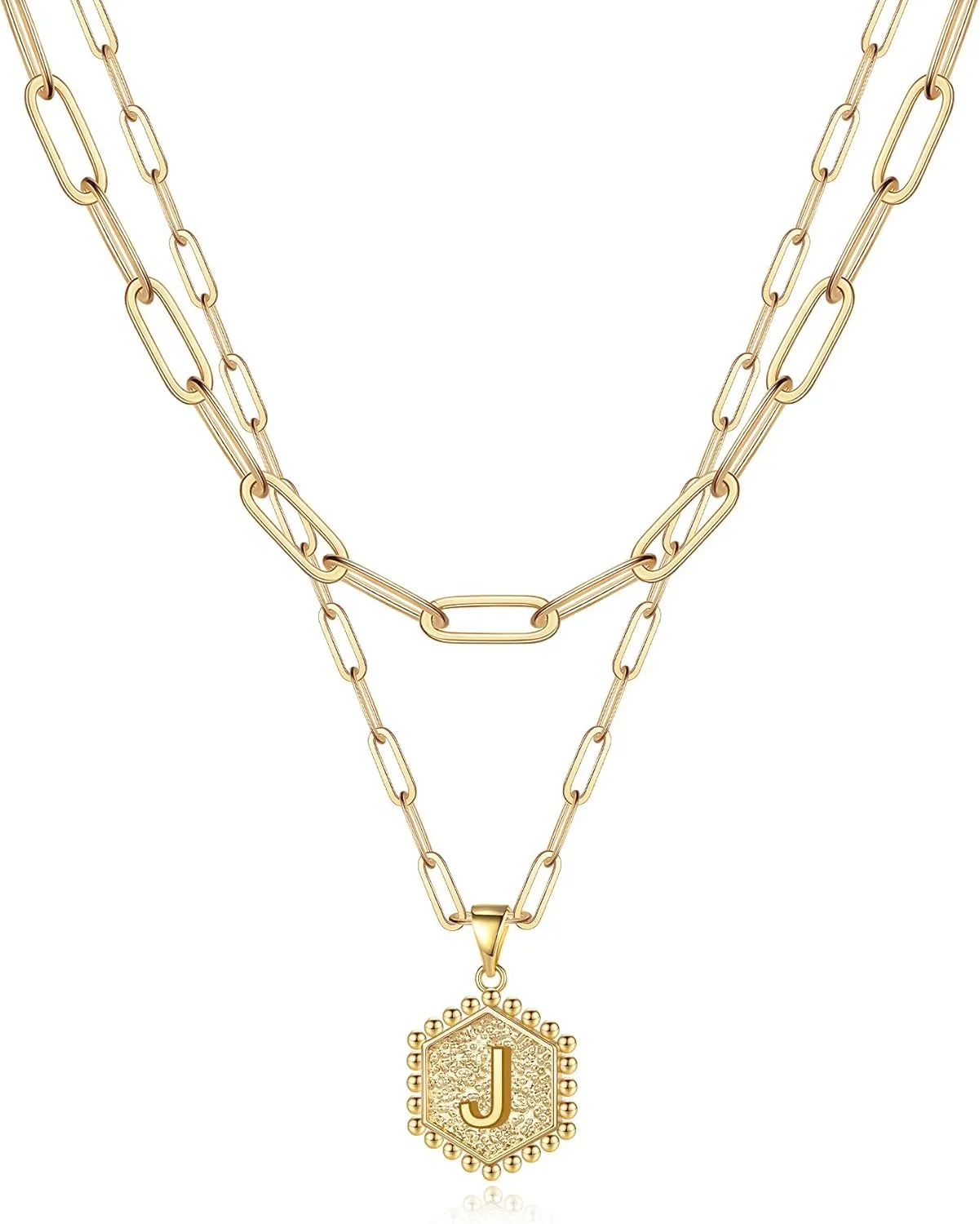 Anoup Layered Initial Necklaces for Women, 14K Solid Gold Over Letter Necklace, Paperclip Link Chain Gold Jewelry for Teen Girls