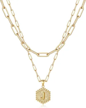 Anoup Layered Initial Necklaces for Women, 14K Solid Gold Over Letter Necklace, Paperclip Link Chain Gold Jewelry for Teen Girls