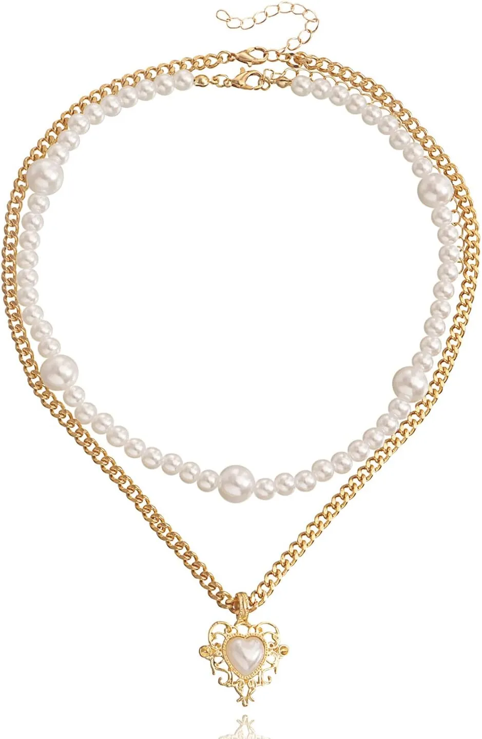 Aonklot Heart Layered Pearl Necklace Double Pearl Heart Pendant Necklace for Women White Pearl Choker Necklaces Jewelry Gifts