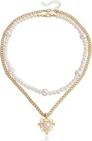 Aonklot Heart Layered Pearl Necklace Double Pearl Heart Pendant Necklace for Women White Pearl Choker Necklaces Jewelry Gifts