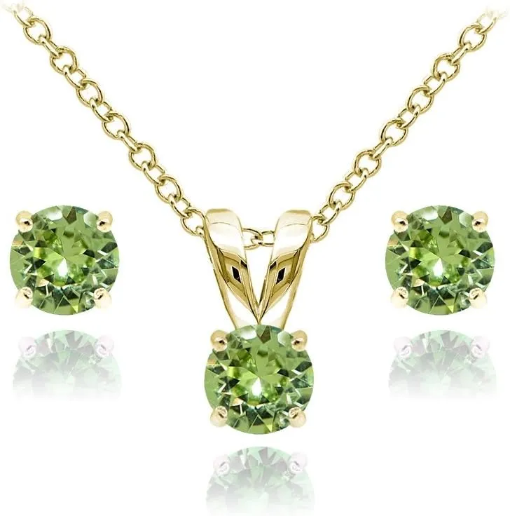 B. BRILLIANT Small Necklace and Earrings Set in Yellow Gold Flashed Sterling Silver Dainty Crystal Solitaire Pendant & Earring Birthstone Jewelry Set for Women Bridesmaids