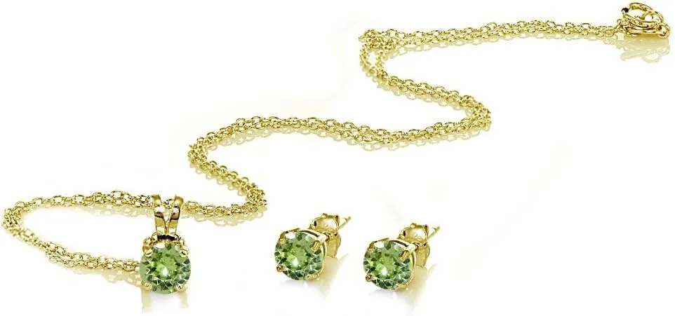 B. BRILLIANT Small Necklace and Earrings Set in Yellow Gold Flashed Sterling Silver Dainty Crystal Solitaire Pendant & Earring Birthstone Jewelry Set for Women Bridesmaids