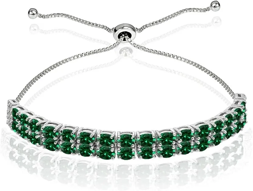 B. BRILLIANT Sterling Silver Genuine, Created or Simulated Oval 2-Row Adjustable Gemstone Bracelet for Women