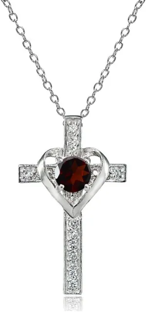 B. BRILLIANT Sterling Silver Genuine or Synthetic Gemstone Heart in Cross Necklace for Women