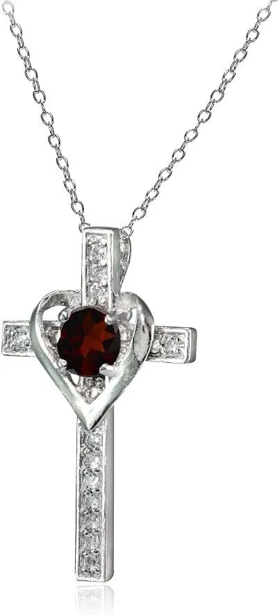B. BRILLIANT Sterling Silver Genuine or Synthetic Gemstone Heart in Cross Necklace for Women