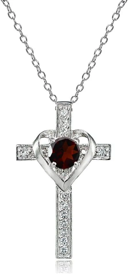 B. BRILLIANT Sterling Silver Genuine or Synthetic Gemstone Heart in Cross Necklace for Women