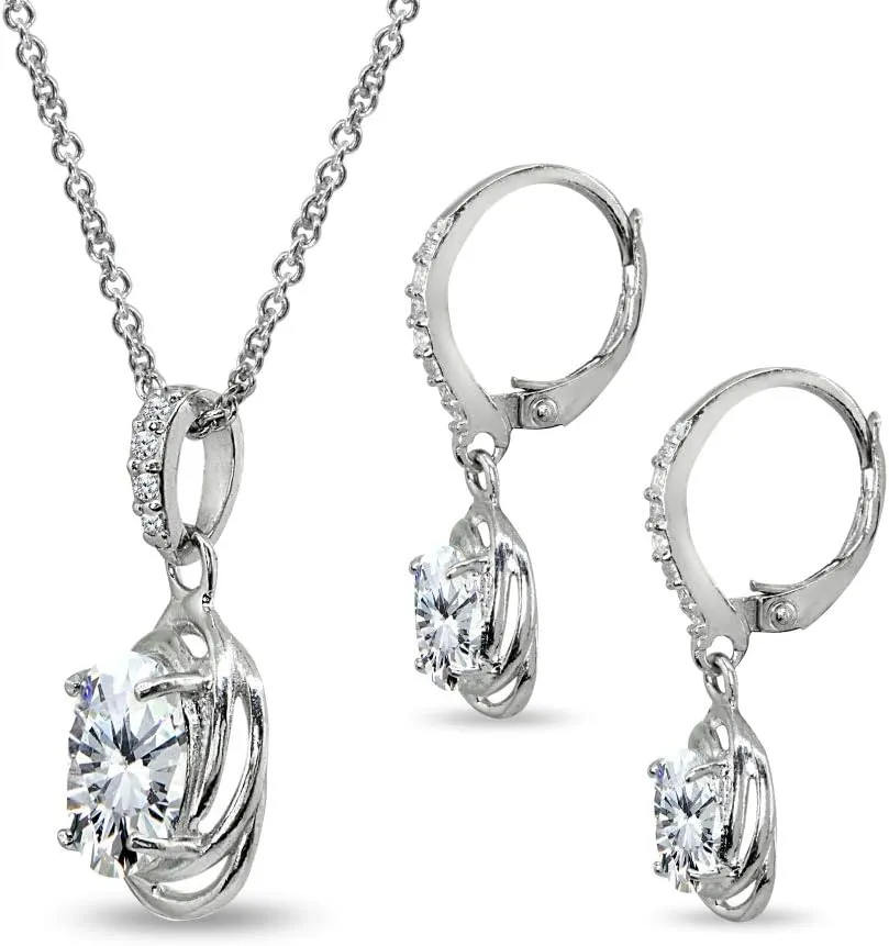 B. BRILLIANT Sterling Silver Genuine or Synthetic Gemstone Oval Love Knot Leverback Earrings & Pendant Necklace Set