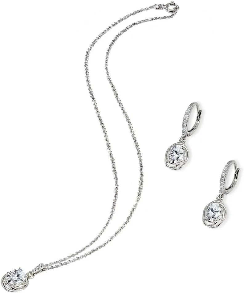 B. BRILLIANT Sterling Silver Genuine or Synthetic Gemstone Oval Love Knot Leverback Earrings & Pendant Necklace Set