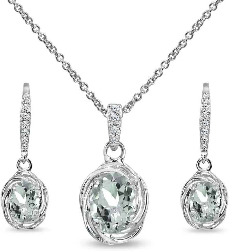 B. BRILLIANT Sterling Silver Genuine or Synthetic Gemstone Oval Love Knot Leverback Earrings & Pendant Necklace Set