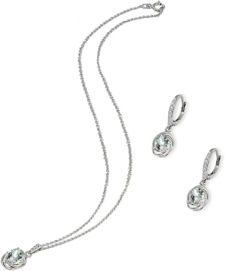 B. BRILLIANT Sterling Silver Genuine or Synthetic Gemstone Oval Love Knot Leverback Earrings & Pendant Necklace Set