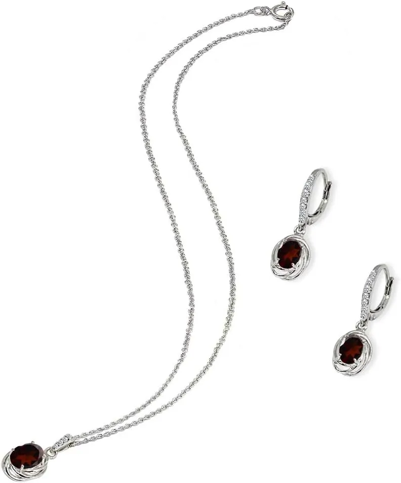 B. BRILLIANT Sterling Silver Genuine or Synthetic Gemstone Oval Love Knot Leverback Earrings & Pendant Necklace Set