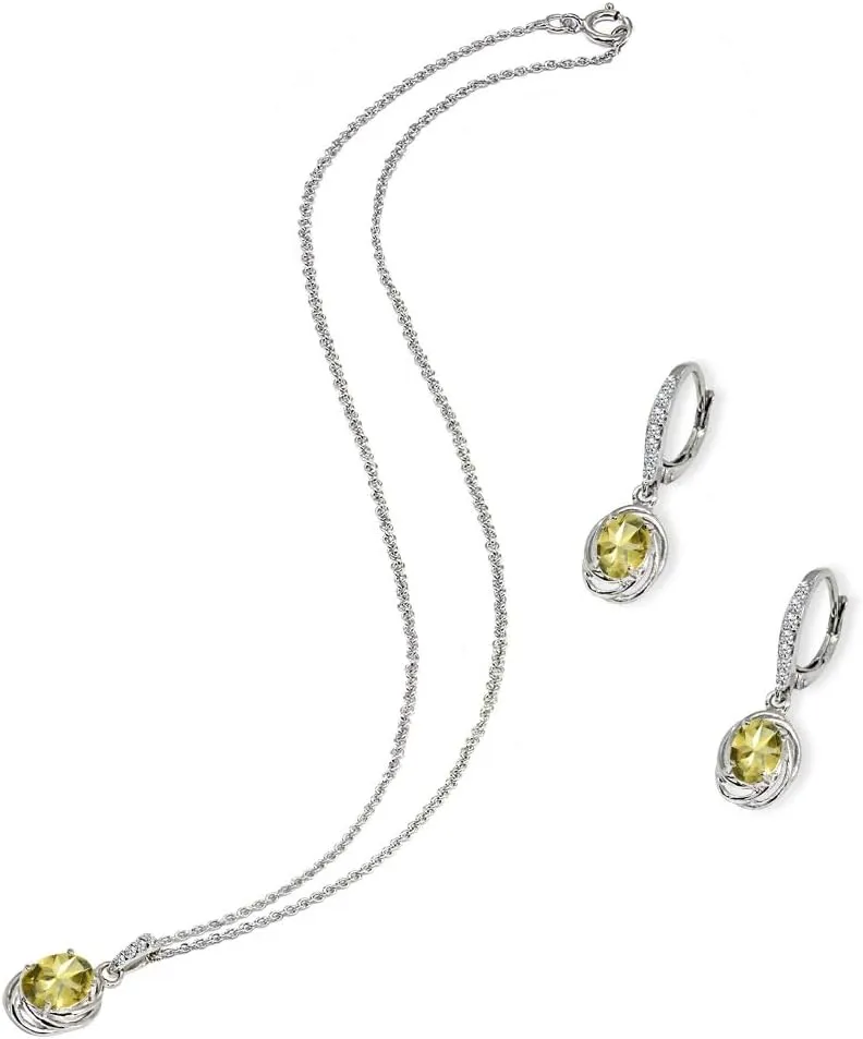 B. BRILLIANT Sterling Silver Genuine or Synthetic Gemstone Oval Love Knot Leverback Earrings & Pendant Necklace Set