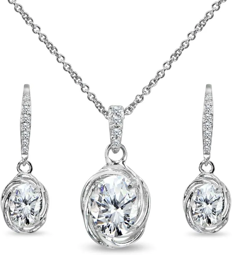 B. BRILLIANT Sterling Silver Genuine or Synthetic Gemstone Oval Love Knot Leverback Earrings & Pendant Necklace Set