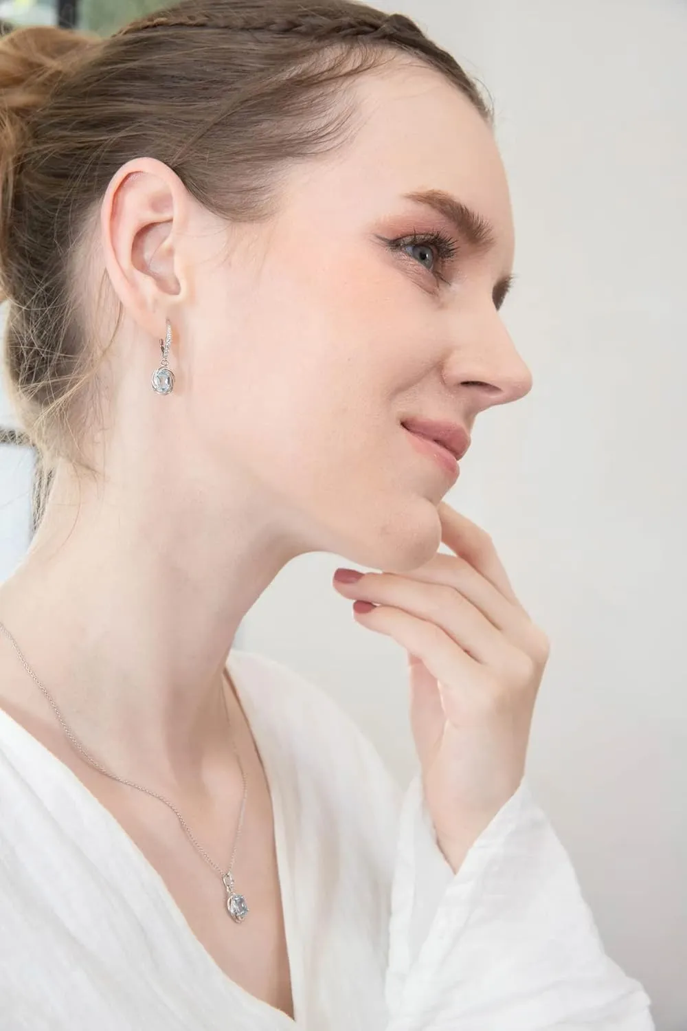 B. BRILLIANT Sterling Silver Genuine or Synthetic Gemstone Oval Love Knot Leverback Earrings & Pendant Necklace Set