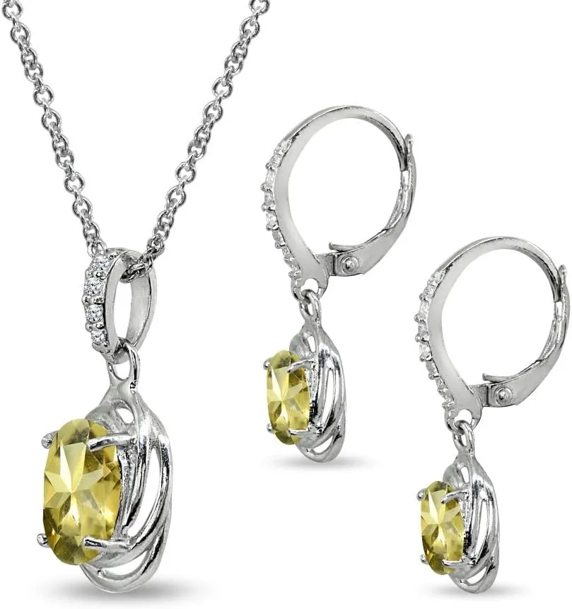 B. BRILLIANT Sterling Silver Genuine or Synthetic Gemstone Oval Love Knot Leverback Earrings & Pendant Necklace Set