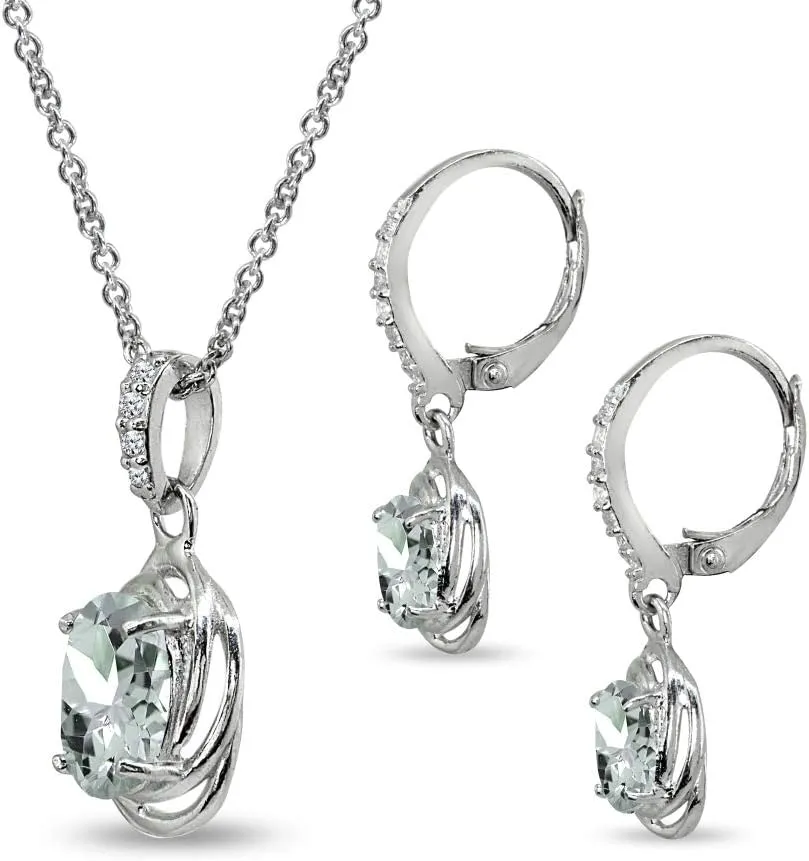 B. BRILLIANT Sterling Silver Genuine or Synthetic Gemstone Oval Love Knot Leverback Earrings & Pendant Necklace Set