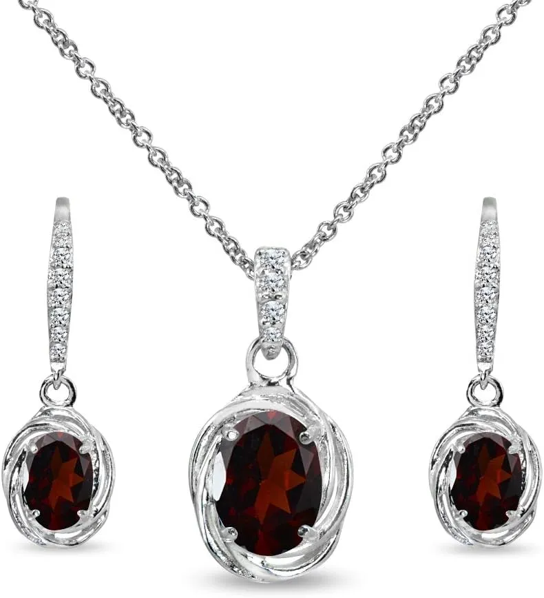 B. BRILLIANT Sterling Silver Genuine or Synthetic Gemstone Oval Love Knot Leverback Earrings & Pendant Necklace Set