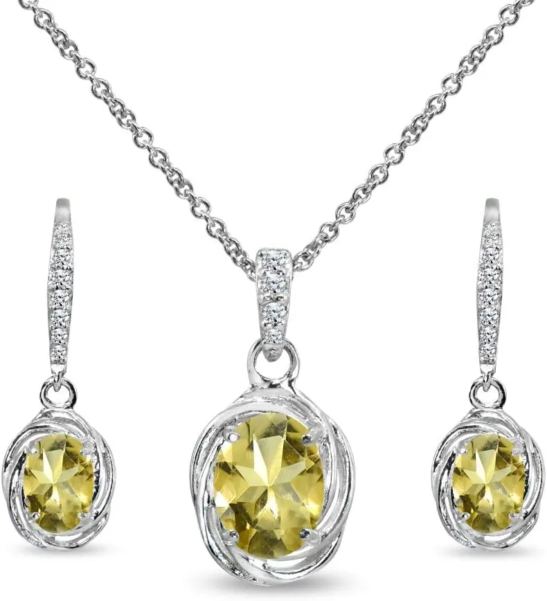 B. BRILLIANT Sterling Silver Genuine or Synthetic Gemstone Oval Love Knot Leverback Earrings & Pendant Necklace Set