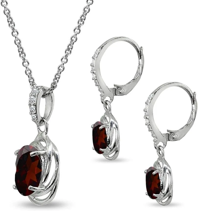 B. BRILLIANT Sterling Silver Genuine or Synthetic Gemstone Oval Love Knot Leverback Earrings & Pendant Necklace Set