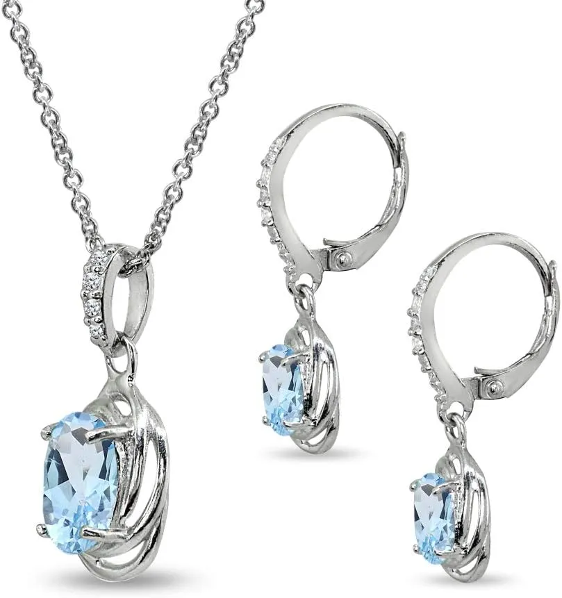 B. BRILLIANT Sterling Silver Genuine or Synthetic Gemstone Oval Love Knot Leverback Earrings & Pendant Necklace Set