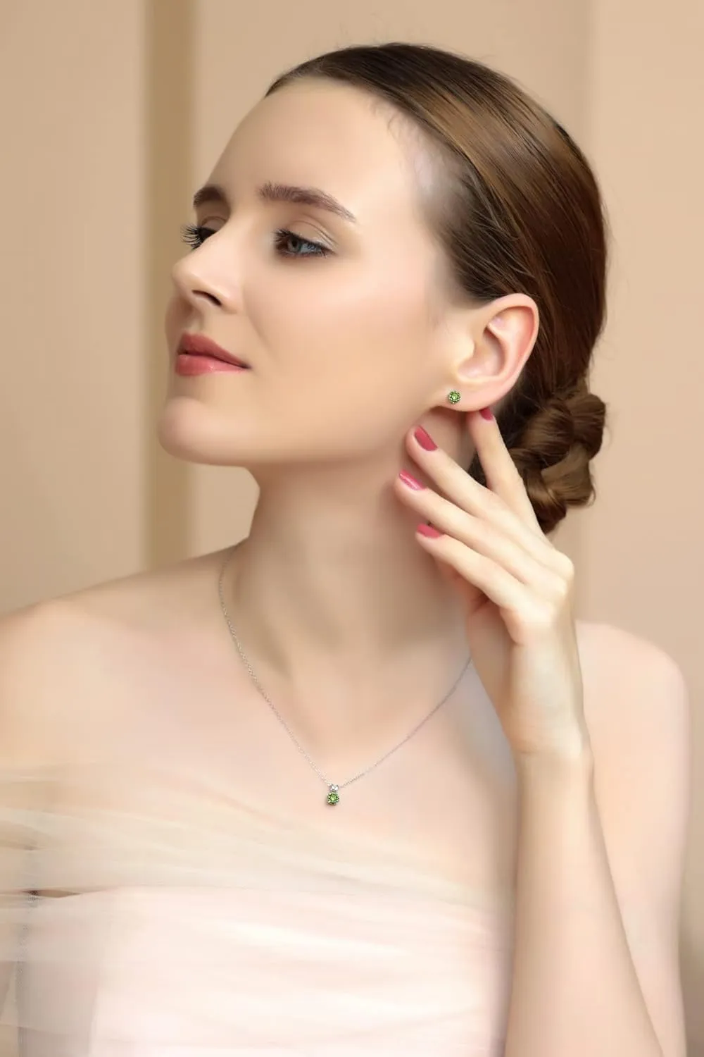B. BRILLIANT Sterling Silver Small Dainty Crystal Solitaire Necklace & Stud Earrings Birthstone Jewelry Set for Women Bridesmaids