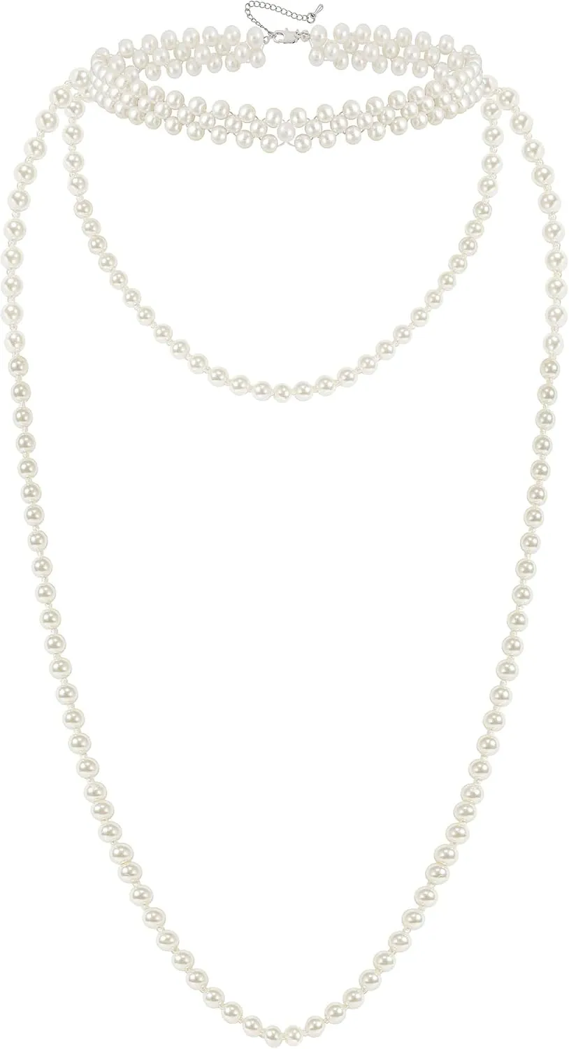 BABEYOND Long Pearl Choker Necklace - Faux Pearl Chain Necklace Pearl Jewelry Set for Women 20s Flapper Accessories