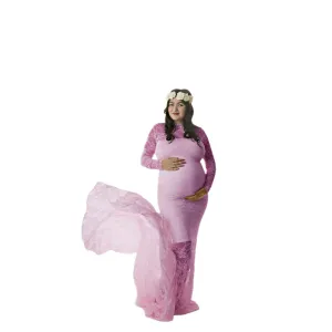 Babymoon Full Sleeve Net Lace Stretchable Maternity Gown Dress | Darkpink