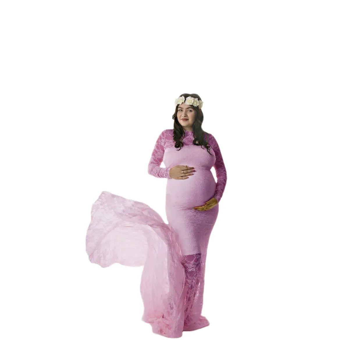 Babymoon Full Sleeve Net Lace Stretchable Maternity Gown Dress | Darkpink