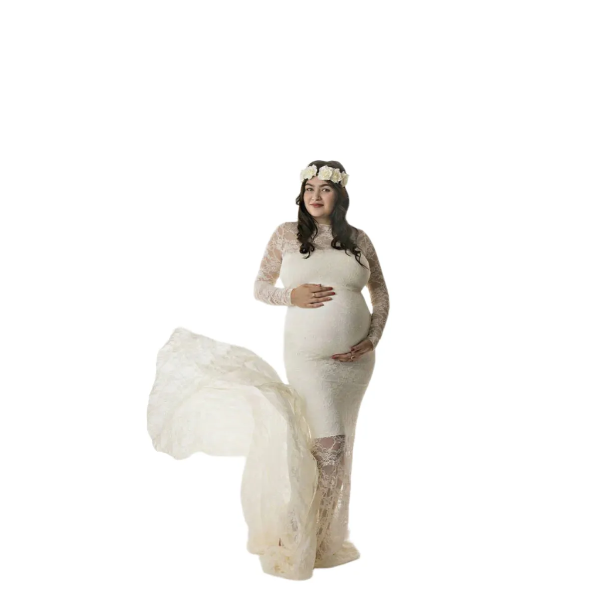 Babymoon Full Sleeve Net Lace Stretchable Maternity Gown Dress | White