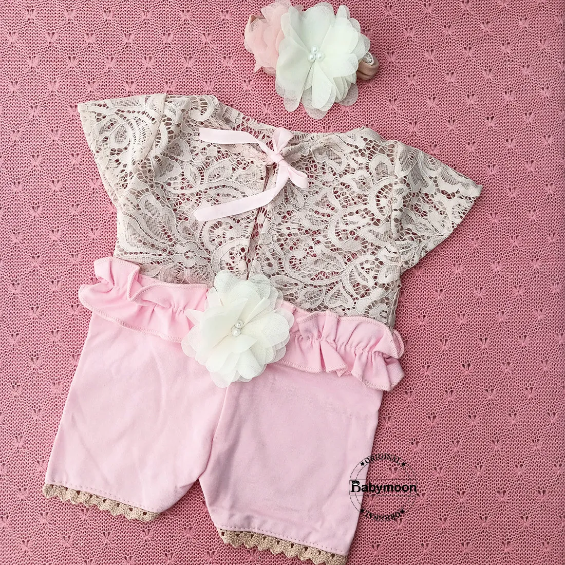 Babymoon Fusion Lace Romper with Hairband Photoshoot Props Costume - Pink A
