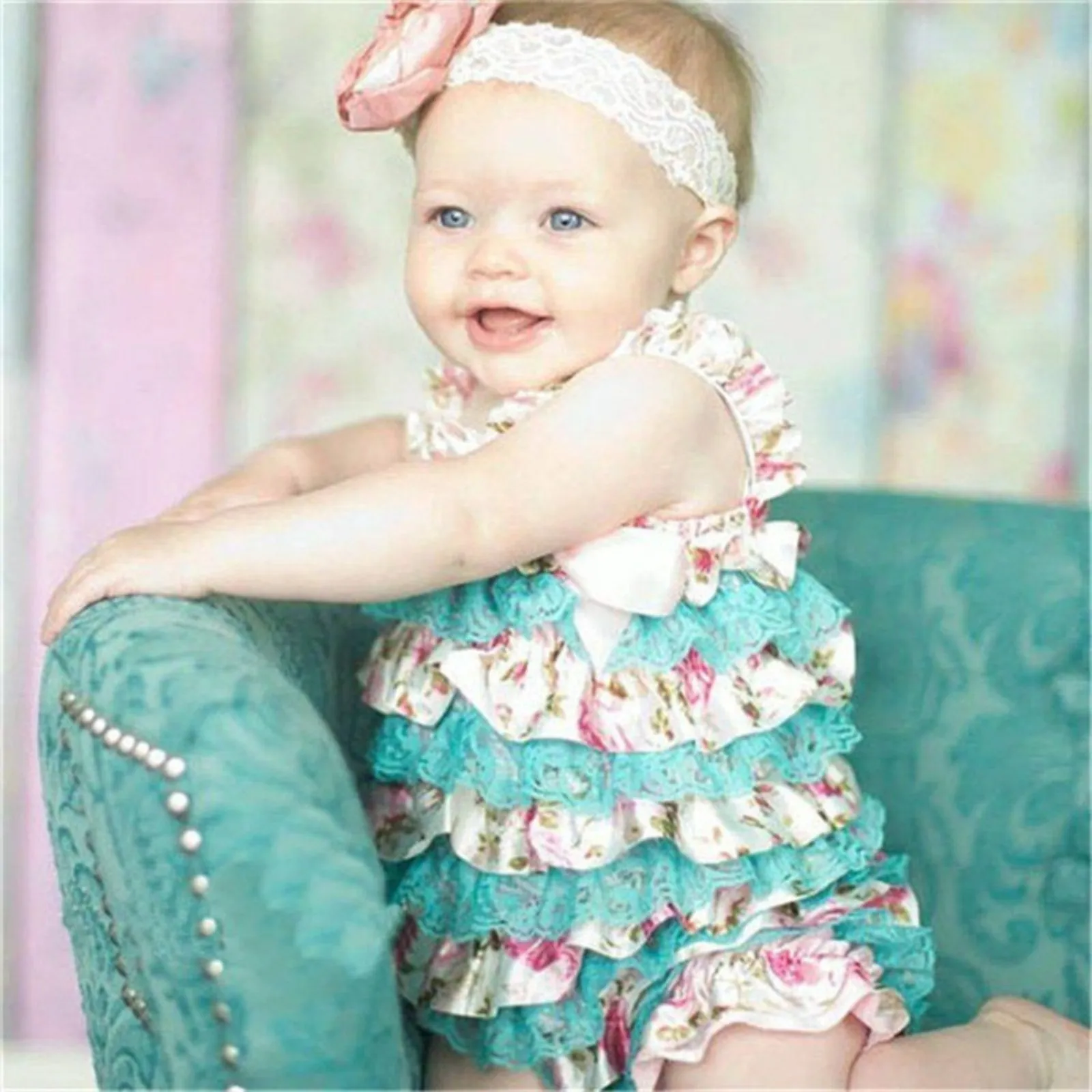 Babymoon Lace Romper Outfit Photography Costume - Blue & White