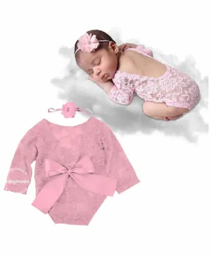 Babymoon Lace Romper with Hairband Photoshoot Props Costume -Pink