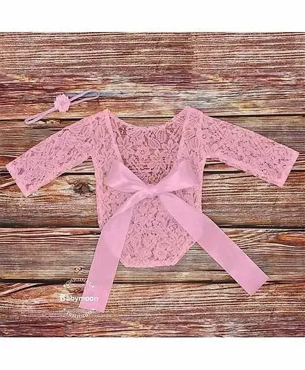 Babymoon Lace Romper with Hairband Photoshoot Props Costume -Pink