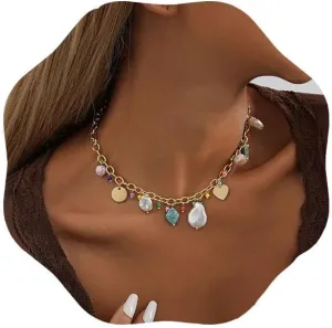Baroque Pearl Necklace Colorful Beaded Necklaces Turquoise Pendant Chain Jewelry for Women (Gold)