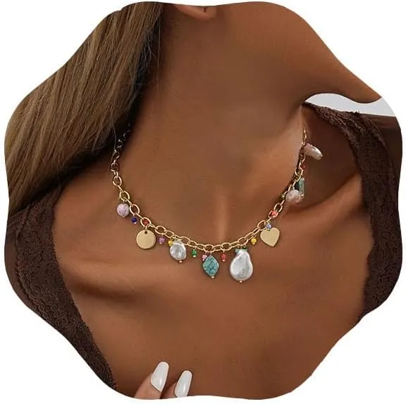 Baroque Pearl Necklace Colorful Beaded Necklaces Turquoise Pendant Chain Jewelry for Women (Gold)
