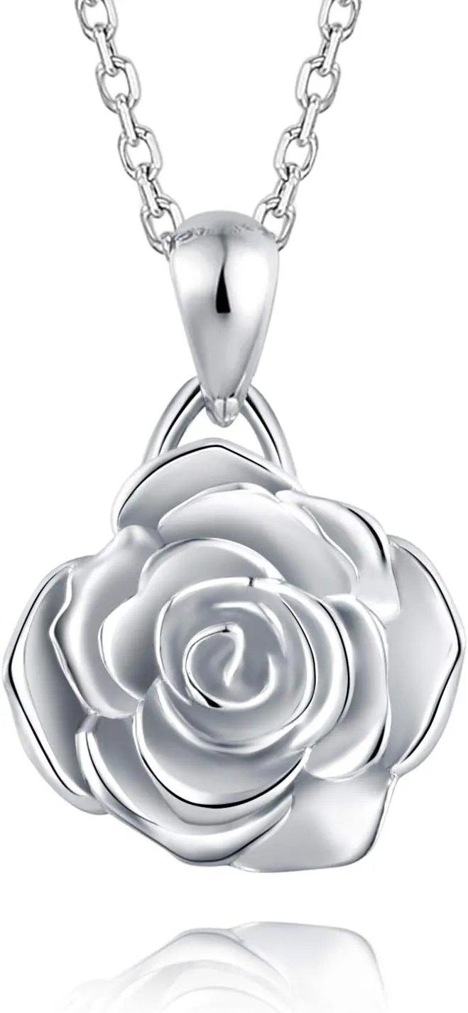 BEILIN 925 Sterling Silver Rose Flower Necklace Rose Pendant Necklaces Jewelry for Women