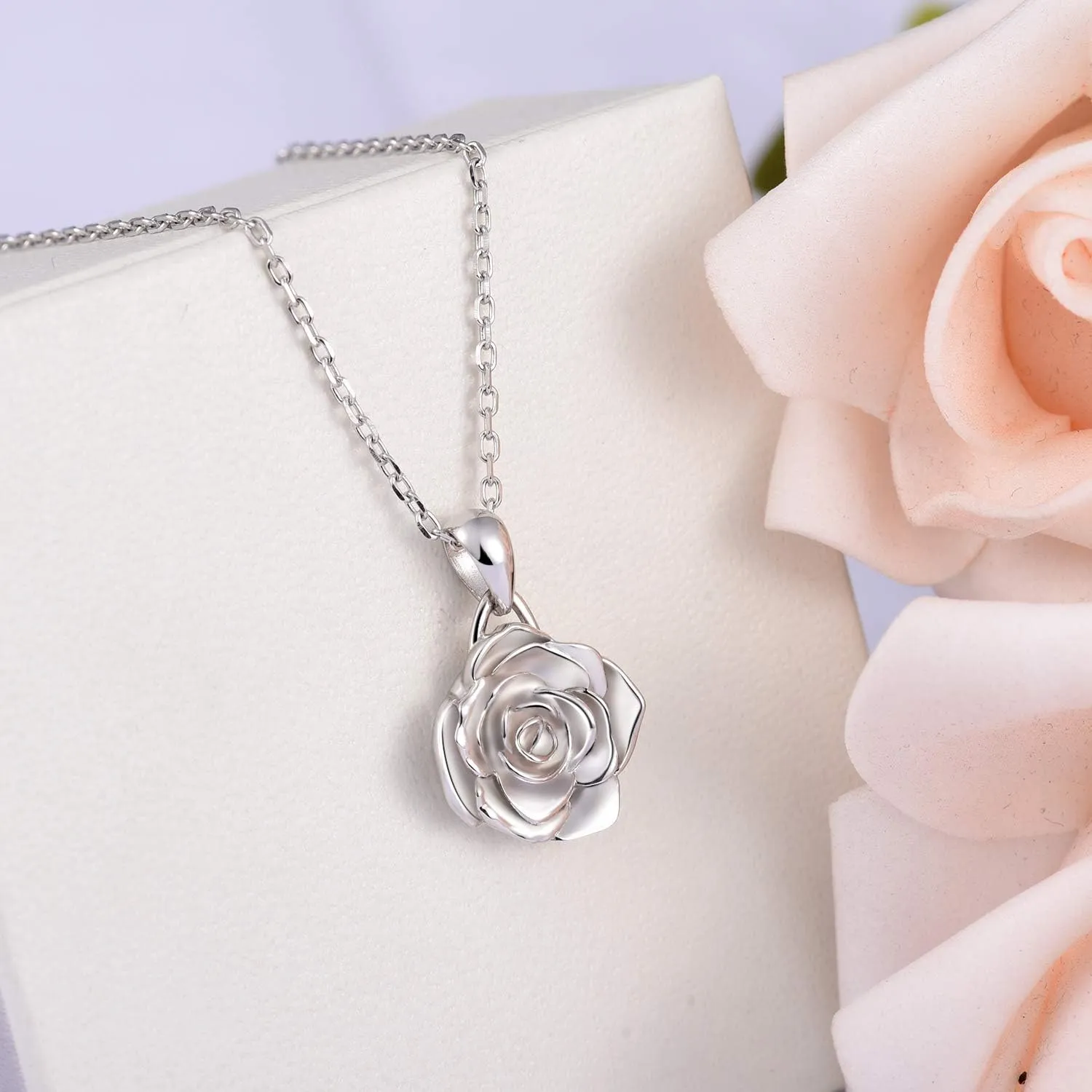 BEILIN 925 Sterling Silver Rose Flower Necklace Rose Pendant Necklaces Jewelry for Women