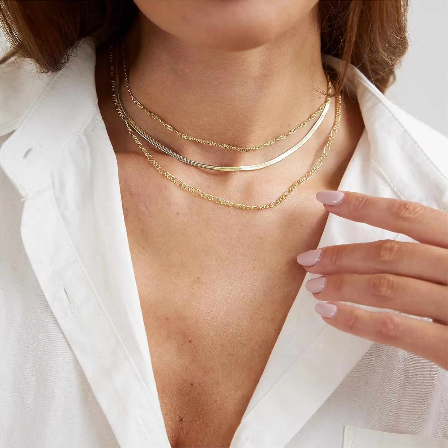 BERISO Layered Necklaces for Women,14K Gold/Silver Plated Dainty Choker Necklace Trendy Simple Paperclip Chain Figaro Rope Necklace Cuba Gold Jewelry for Women