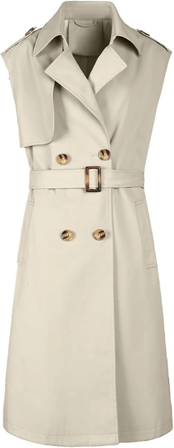Betusline Women's Double Breasted Trench Coats Lapel Collar Sleeveless Belted Windbreaker Jacket