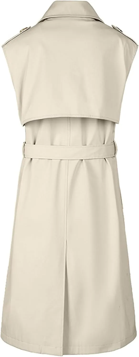 Betusline Women's Double Breasted Trench Coats Lapel Collar Sleeveless Belted Windbreaker Jacket