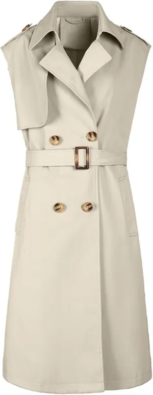 Betusline Women's Double Breasted Trench Coats Lapel Collar Sleeveless Belted Windbreaker Jacket