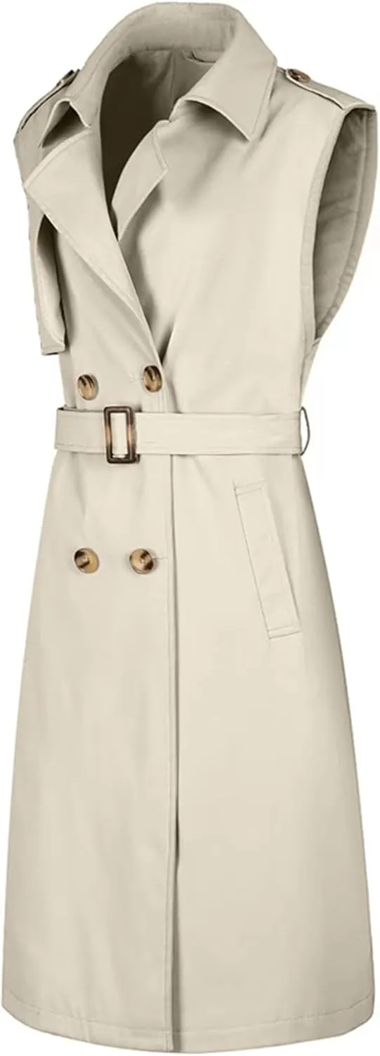 Betusline Women's Double Breasted Trench Coats Lapel Collar Sleeveless Belted Windbreaker Jacket