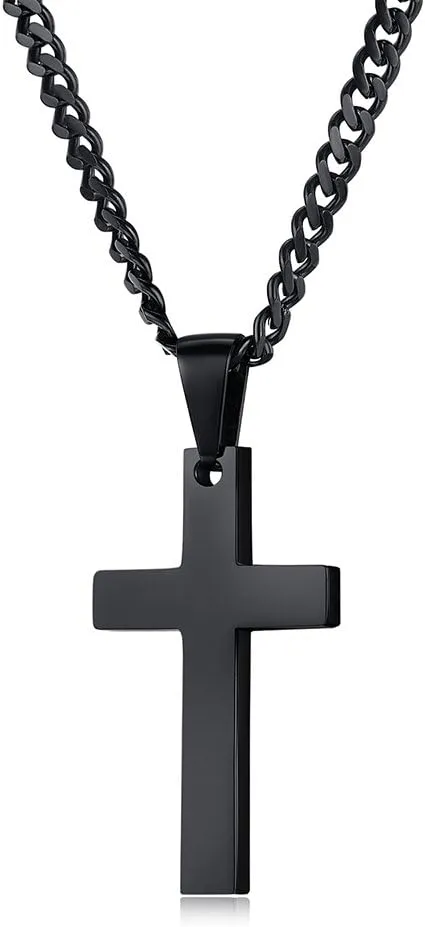 Black Cross Necklace for Men, Stainless Steel Mens Cross Pendant Necklaces, Curb Chain