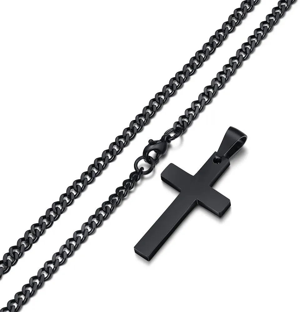 Black Cross Necklace for Men, Stainless Steel Mens Cross Pendant Necklaces, Curb Chain