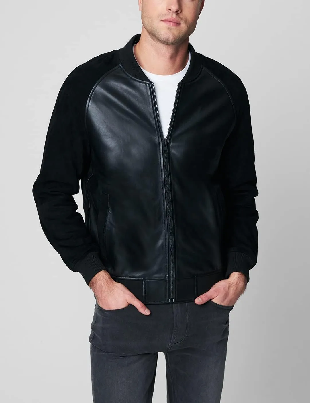 [BLANKNYC] mens Mens Faux Suede and Leather Bomber Jacket, Comfortable & Casual CoatFaux Leather Jacket