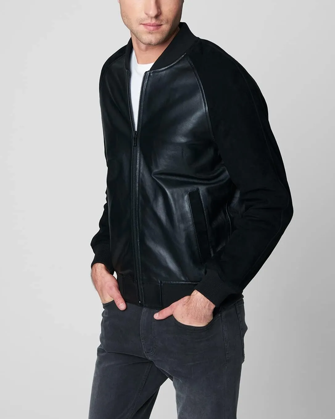 [BLANKNYC] mens Mens Faux Suede and Leather Bomber Jacket, Comfortable & Casual CoatFaux Leather Jacket